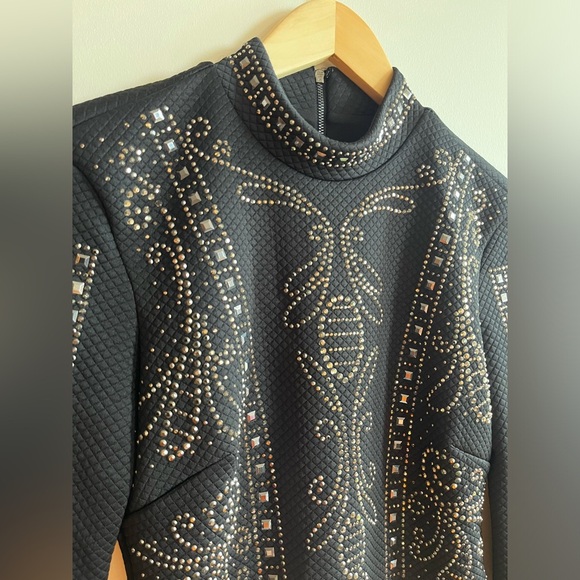 Bebe Long sleeved Mock-neck Studded Black Embellished Dress - Picture 6 of 10